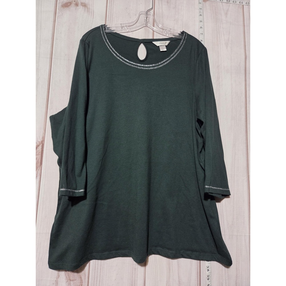 CJ Banks Shirt Womens 2X‎ Green 3/4 Sleeve Keyhole Stretch Pullover Casual Top